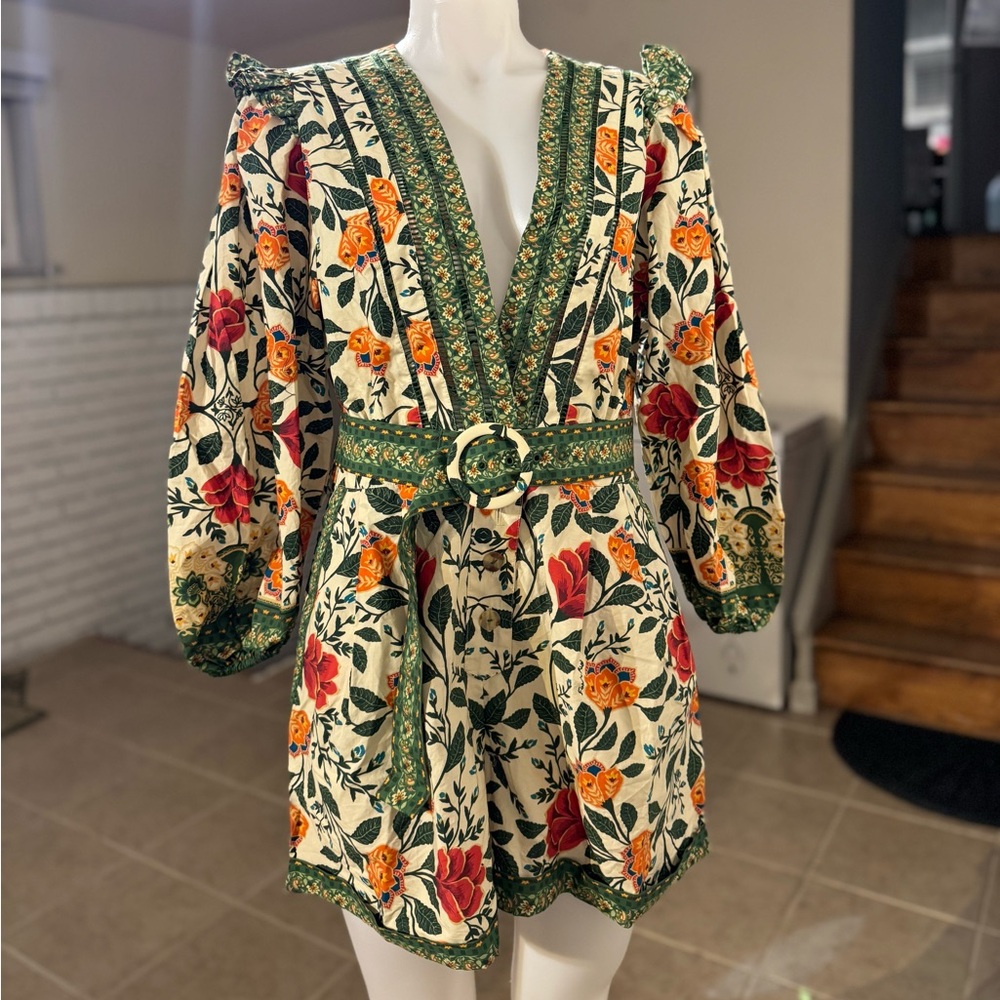 FARM Rio Floral Dress with Green and Orange Accents